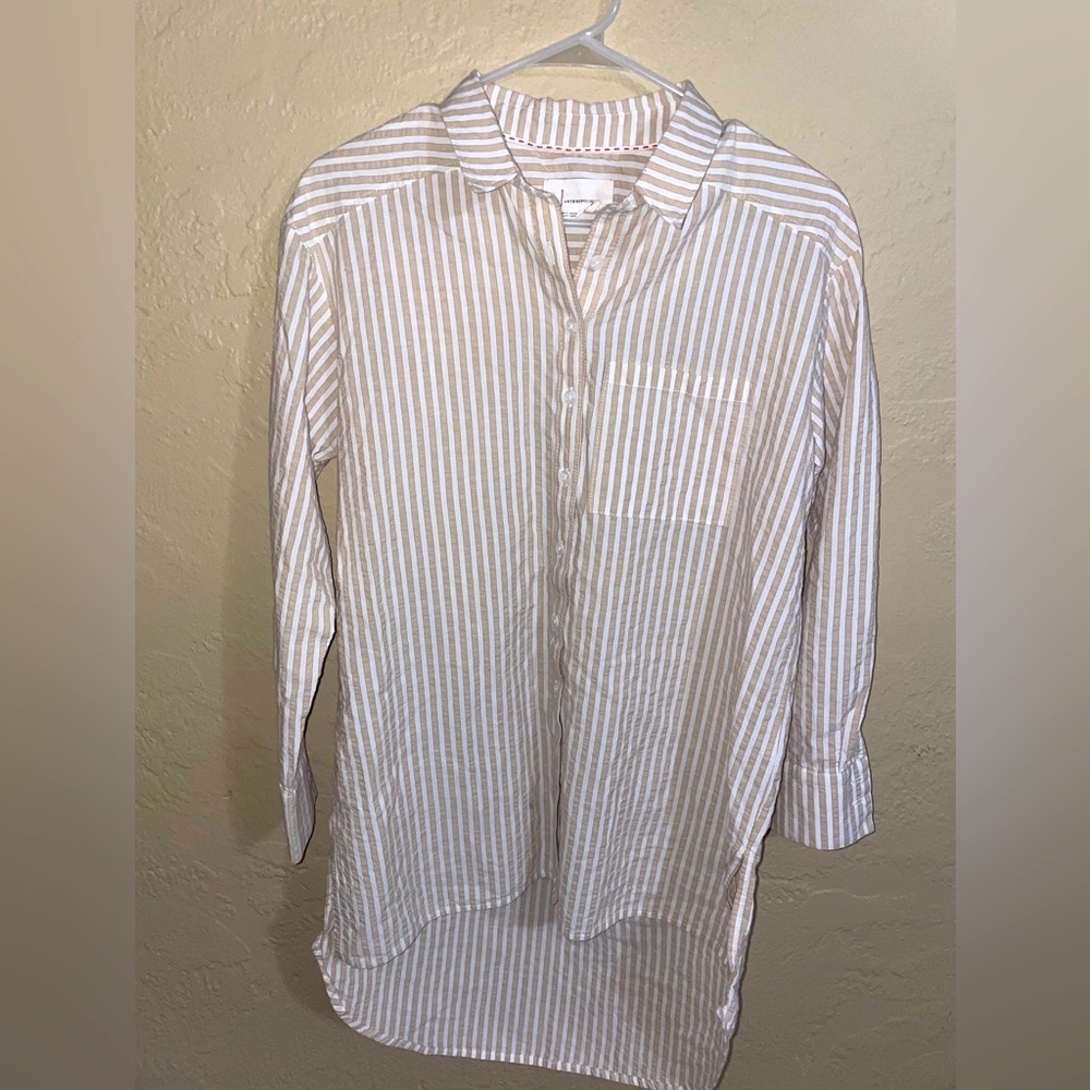Anthropologie XS cream/tan striped button down shirt dress
